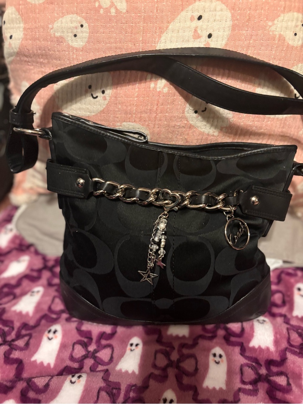 Coach Black Signature Chain Charm Shoulder Bag